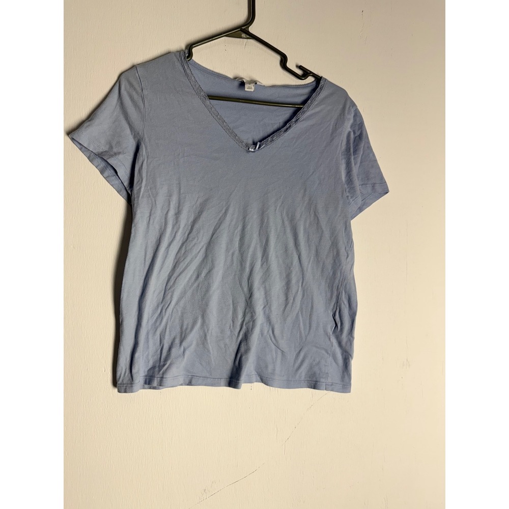 Charter Club Intimates Blue V-Neck Lace Trim Short Sleeve Tee Shirt Medium